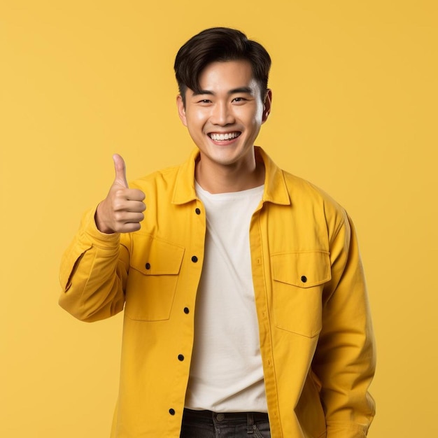 A man in a yellow jacket giving a thumbs up.