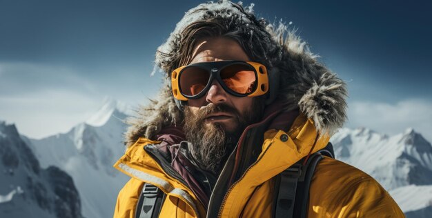 黄色いジャケットとゴーグルを着た男が凍った山の上にいる