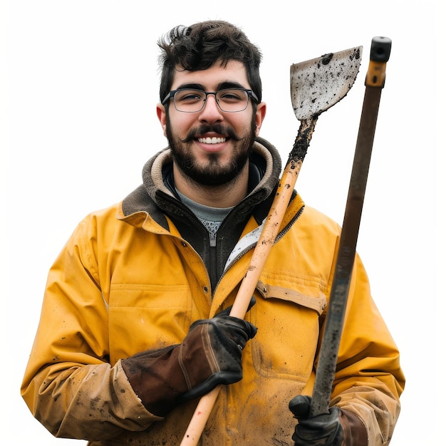 Man in Yellow Jacket Holding Shovel