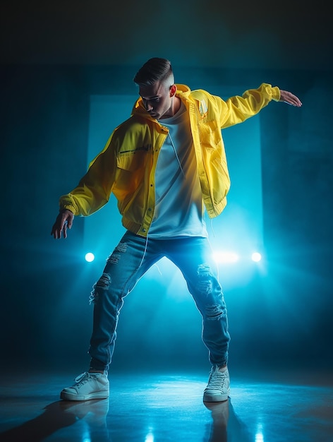 A man in a yellow jacket is dancing on a stage