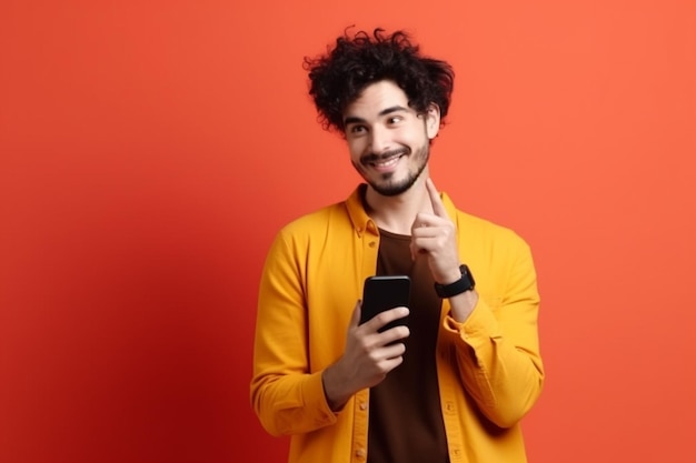 A man in a yellow jacket is holding a phone and smiling.