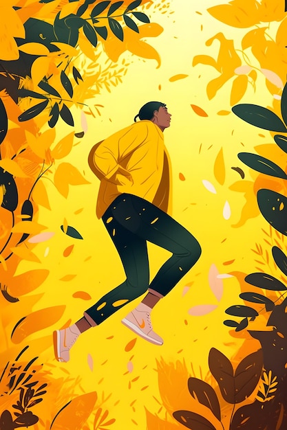 노란 재킷을 입은 남자가 노란 잎사귀 들판을 달리고 있습니다. Generative AI