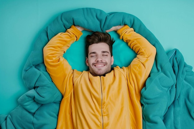 Photo a man in a yellow jacket laying on a bed