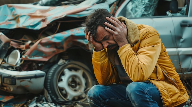 A man in a yellow jacket sits on the ground next to a wrecked car