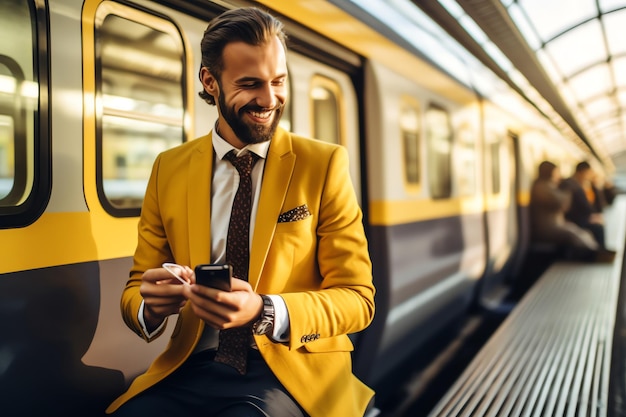 A man in a yellow jacket sits on a train and looks at his phone