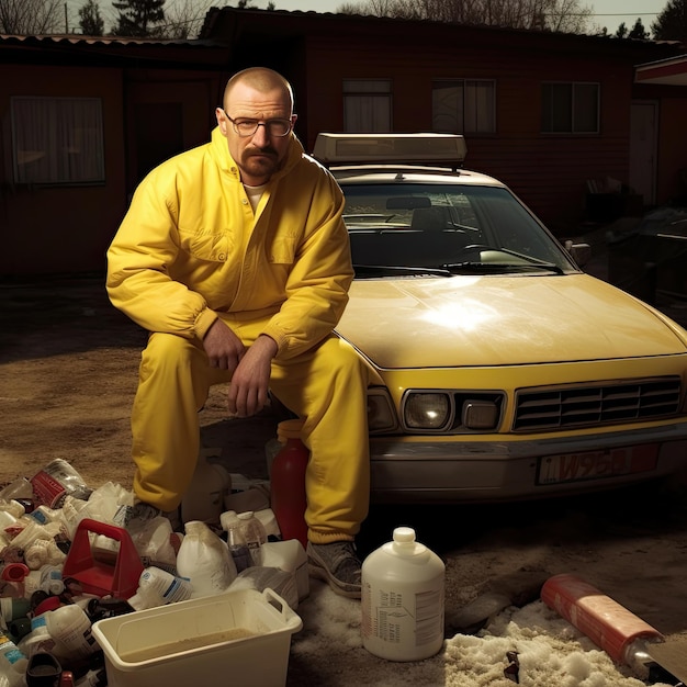 a man in a yellow jacket stands next to a car with a red box on the front