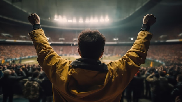 A man in a yellow jacket stands in front of a stadium