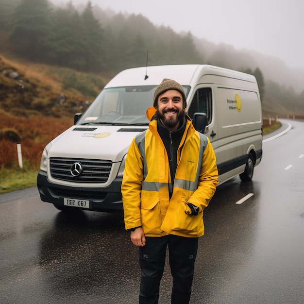 Photo a man in a yellow jacket stands in front of a white van.