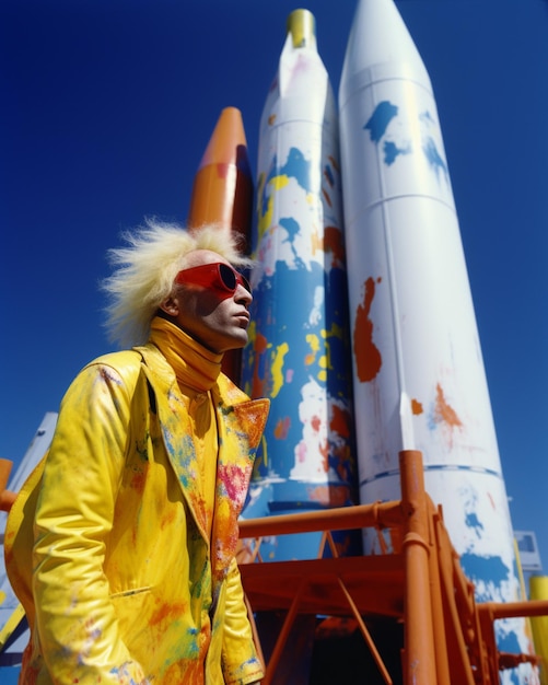 a man in a yellow jacket stands next to a lifeguard.