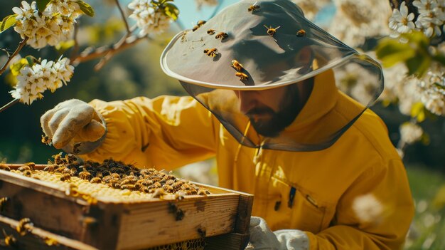 Man in Yellow Jacket and White Hat Collecting Honey From Beehive Spring