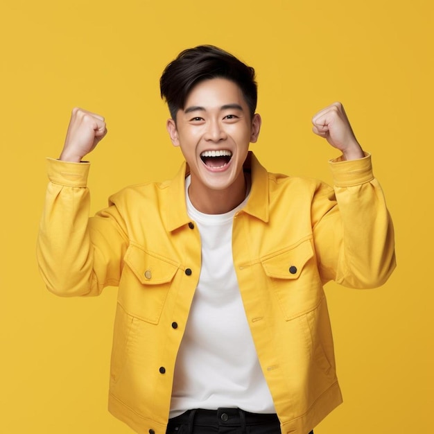 A man in a yellow jacket with his arms in the air
