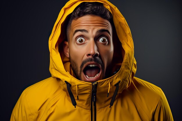 Man in yellow jacket with his mouth open and surprised on color background