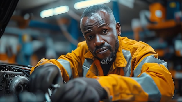 A man in a yellow jacket working on a car