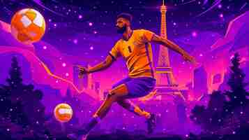 Photo a man in a yellow jersey is kicking a soccer ball in a purple background