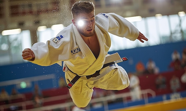 Photo a man in a yellow kimono is doing a trick with the number 4 on his belt