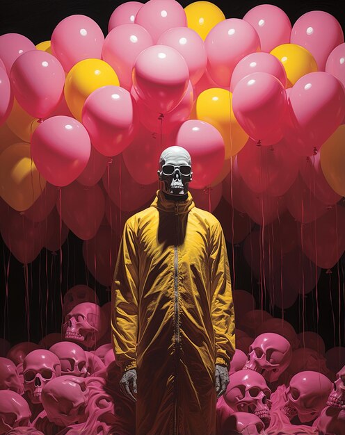 a man in a yellow outfit with a bunch of balloons in the background