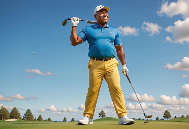 a man in yellow pants and blue shirt playing golf