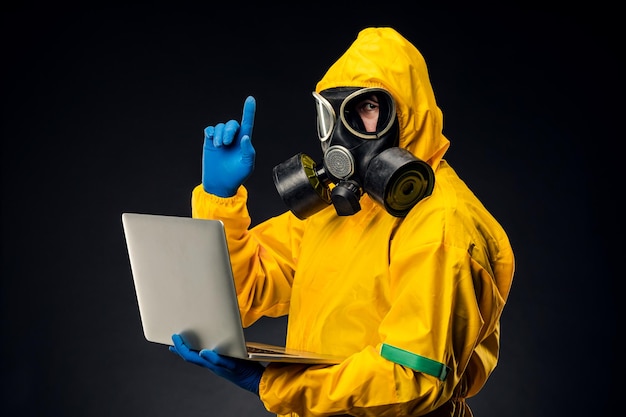 man in a yellow protective chemical suit holds a laptop a virologist uses a computer