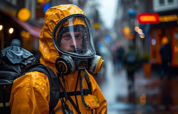 Photo man in yellow protective suit stands on the street