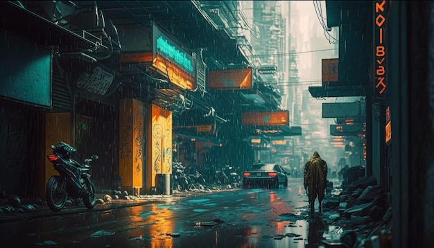 A man in a yellow raincoat is walking along a street in a rainy day Generative AI