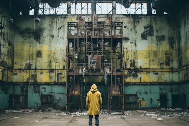 Foto uomo in impermeabile giallo in piedi in una fabbrica abbandonata