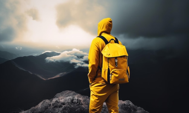 A man in a yellow raincoat stands on a mountain top looking at the sky.