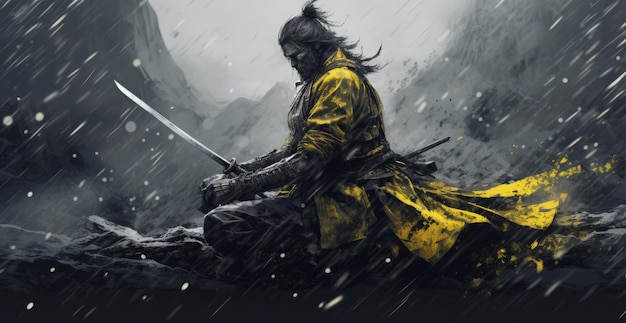 a man in a yellow robe holding two swords