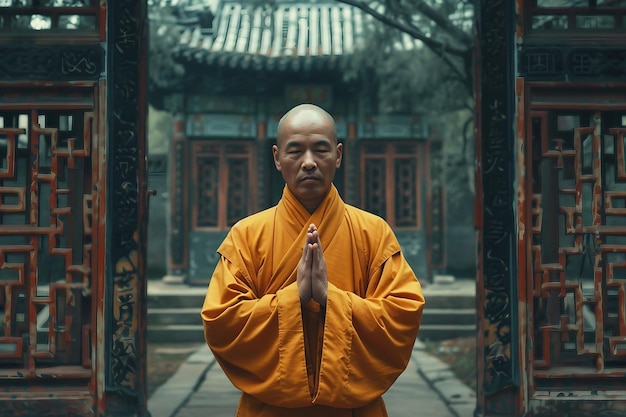 Photo a man in a yellow robe standing in front of a building