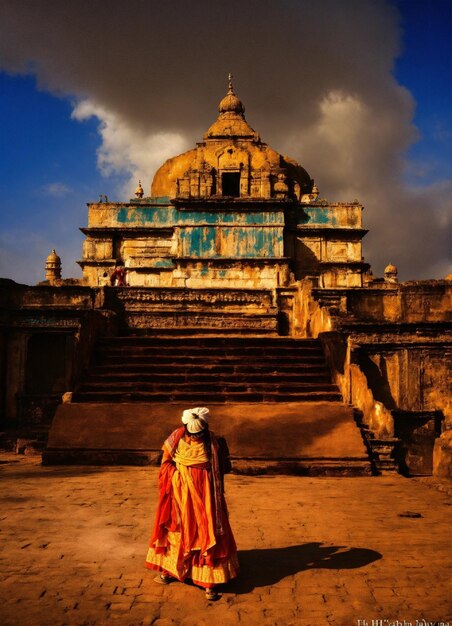 a man in a yellow sari stands in front of a temple