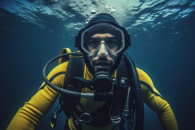 Мужчина в желтом акваланге находится под водой и смотрит в камеру.