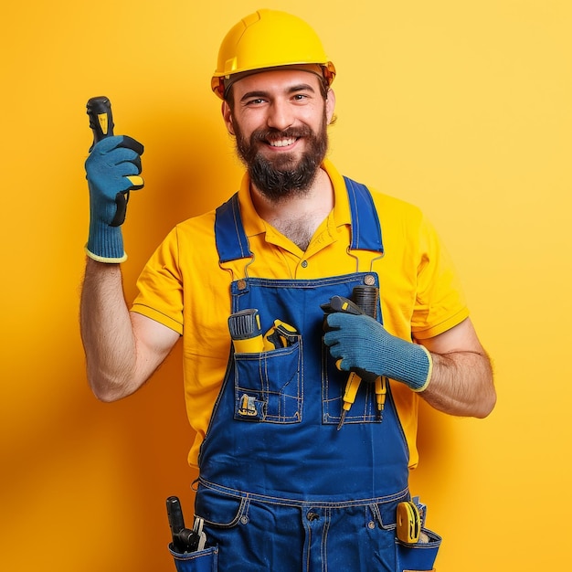 Man in Yellow Shirt and Blue Overalls Holding Screwdriver