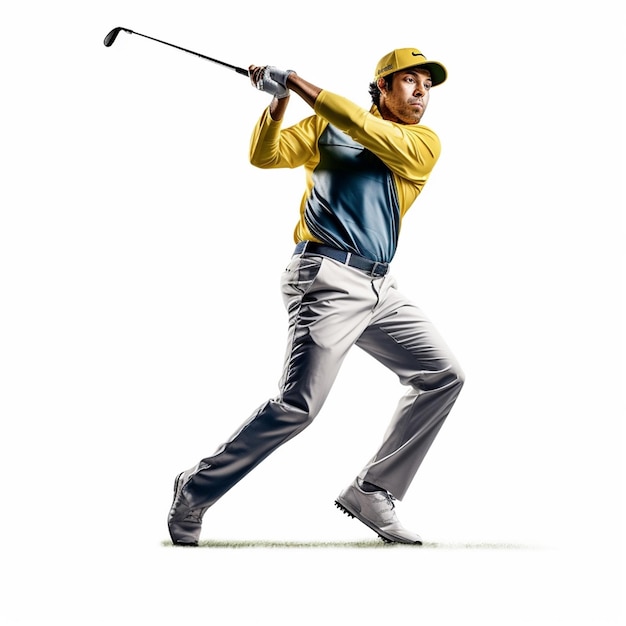 A man in a yellow shirt and a cap is swinging a golf club.