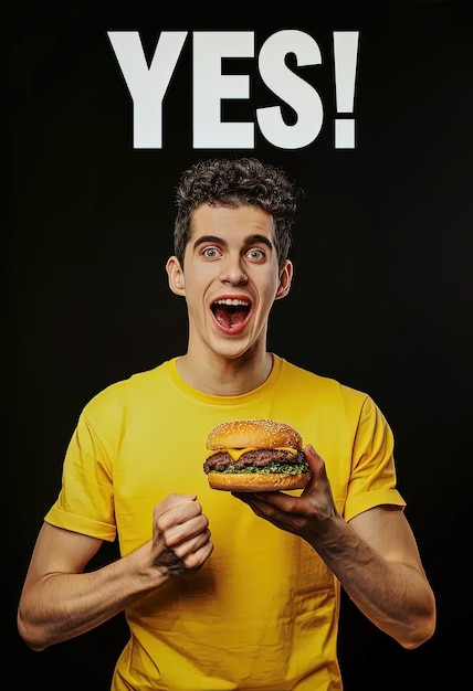 Foto un uomo con una camicia gialla che tiene un hamburger