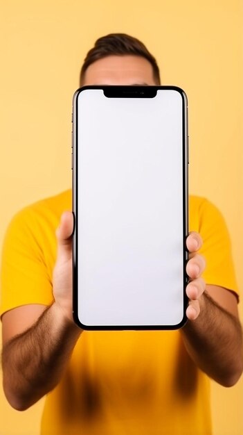 a man in a yellow shirt holding up a white phone