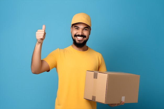 A man in a yellow shirt is holding a box and giving a thumbs up.