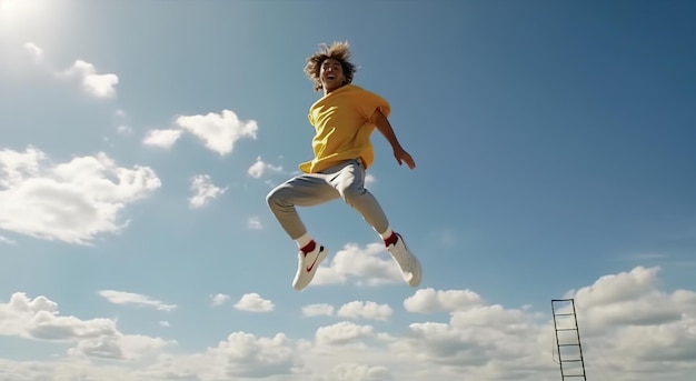 A man in a yellow shirt jumps in the air with the sky behind him.