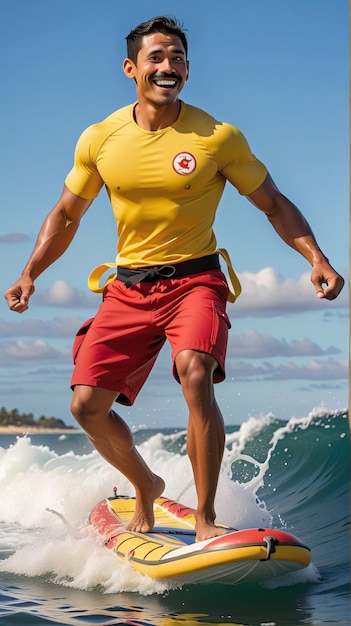 黄色いシャツと赤いショートパンツを着た男がサーフボードに乗っている