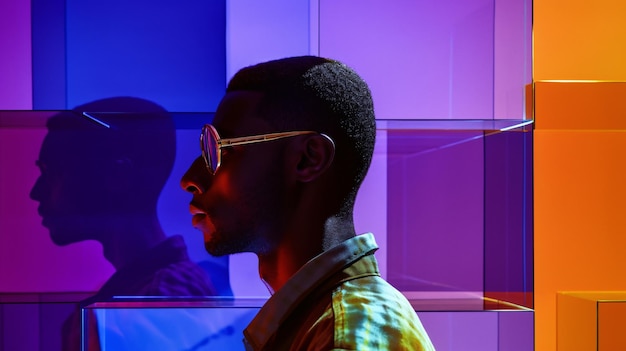 A man in a yellow shirt stands in front of a colorful wall that says'the brand is on the front. '