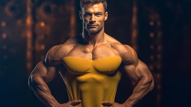 노란색 셔츠를 입은 남자가 엉덩이에 손을 얹고 체육관에 서 있다