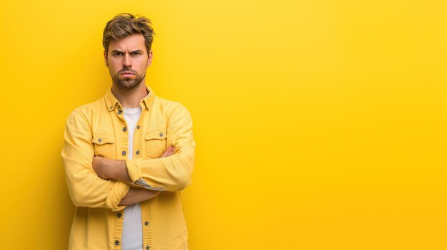 Foto un uomo con una camicia gialla con le braccia incrociate