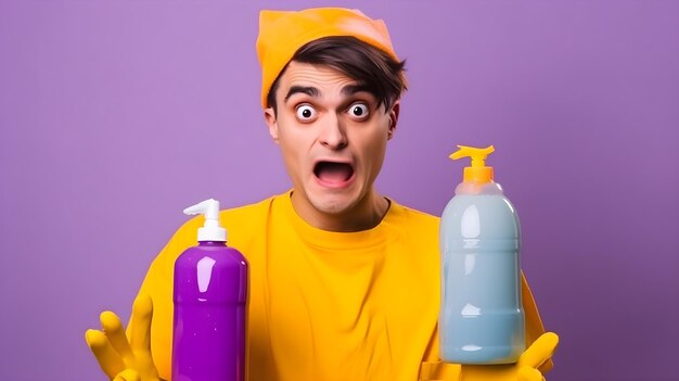 A man in a yellow shirt with a purple bottle of liquid on his hand
