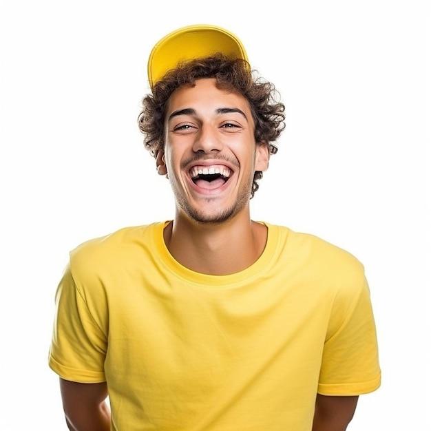 Photo a man in a yellow shirt and a yellow hat