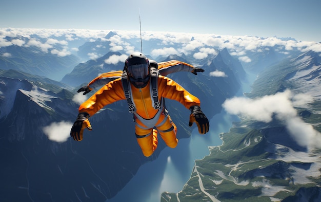 a man in a yellow suit is flying over mountains