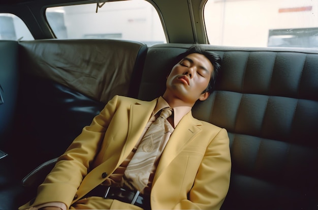 A man in a yellow suit is sleeping in a car with the seat back up.