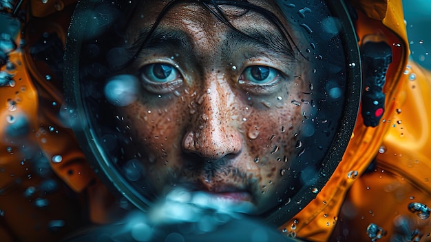 Foto un uomo in tuta gialla è sott'acqua.