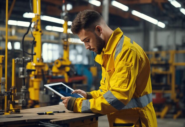 Foto un uomo in abito giallo sta usando un tablet con uno schermo blu