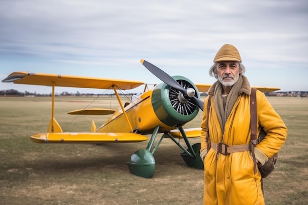a man in a yellow suit stands in front of a yellow plane