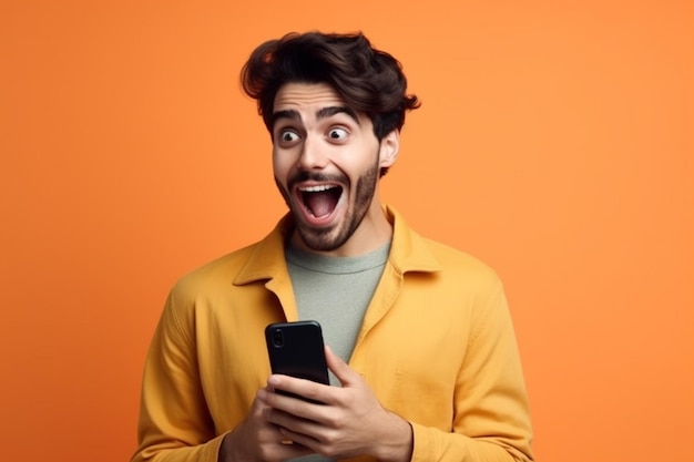 A man in a yellow sweater is looking at his phone and is looking at the screen of his phone