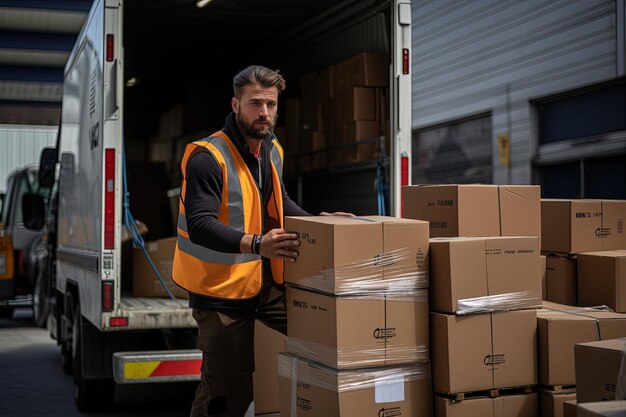 Foto un uomo con un giubbotto giallo sta caricando delle scatole in un camion