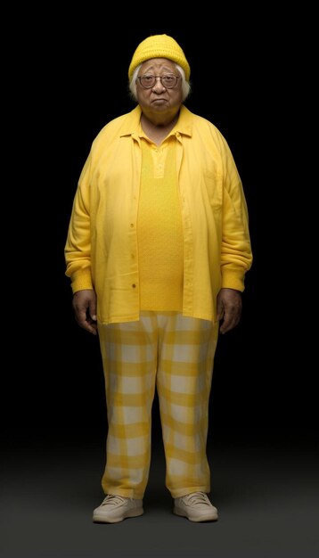 Photo a man in yellow and white striped pants stands in front of a black background